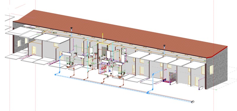Längsschnitt Bürogebäude mit zwei Geschossen, Kaltdach